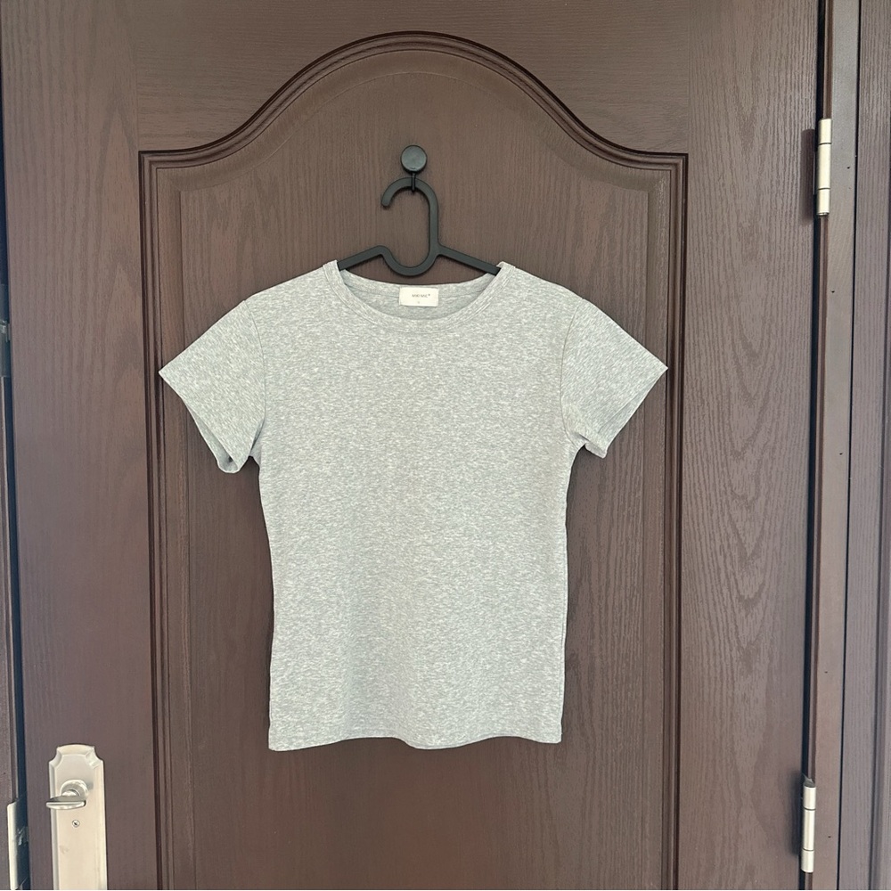 Women's Gray Cotton Stretch Fitted T Shirt Short Sleeve Size L